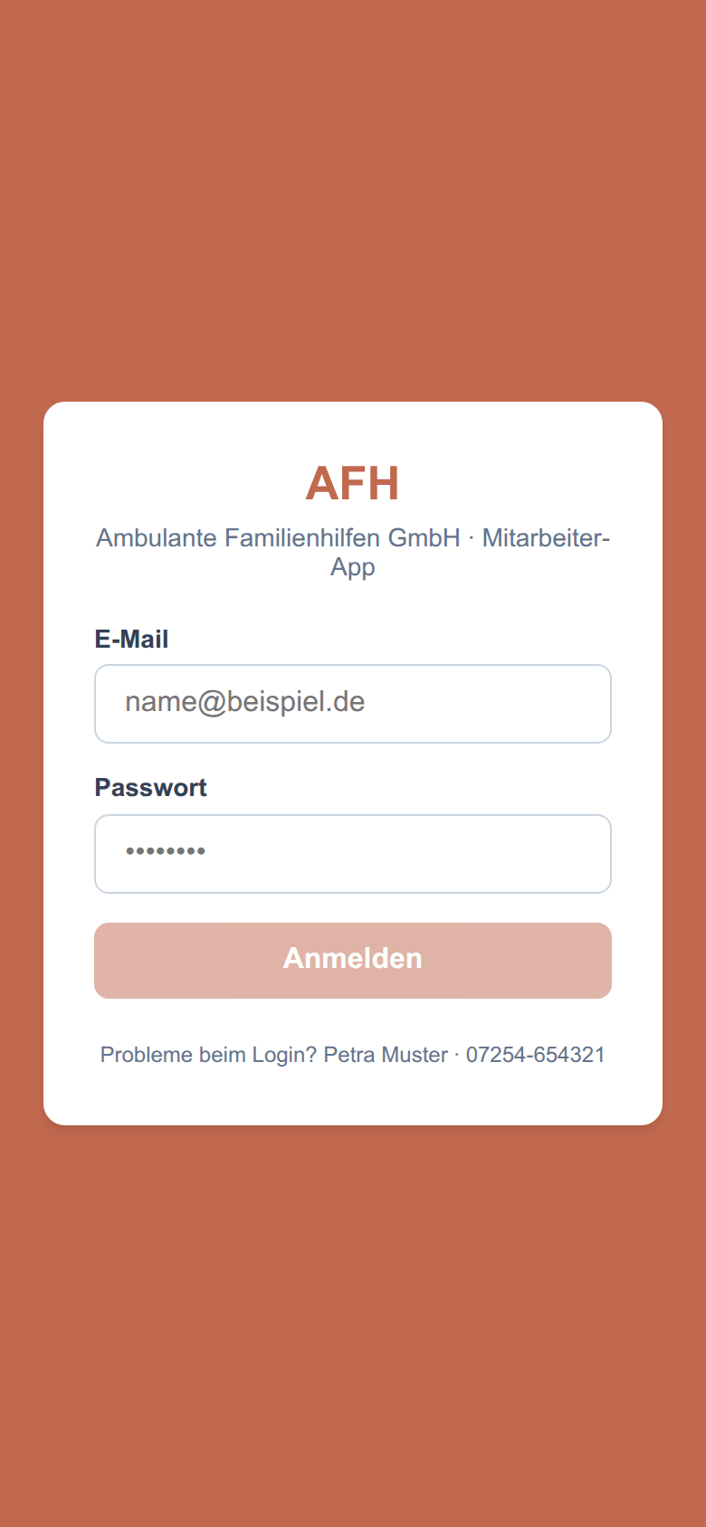 Die Anmeldeseite: oben die E-Mail-Adresse, darunter das Passwort, unten die Schaltfläche „Anmelden".