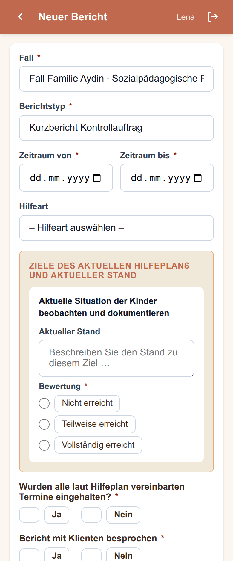 Das Formular „Kurzbericht Kontrollauftrag" mit Zeitraum, Zielen, der Frage nach den eingehaltenen Terminen, „Bericht mit Klienten besprochen?" und dem gelb hinterlegten Kästchen zur Kindeswohlgefährdung.