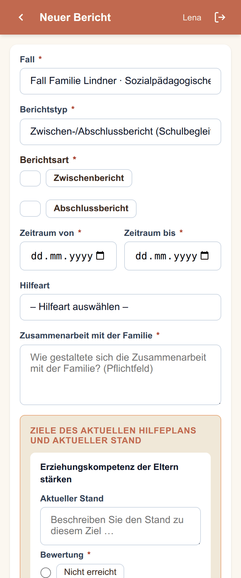 Das Formular „Zwischen-/Abschlussbericht (Schulbegleitung)": Berichtsart, Zeitraum, Zusammenarbeit mit der Familie und die Ziele mit nur einer Bewertung.