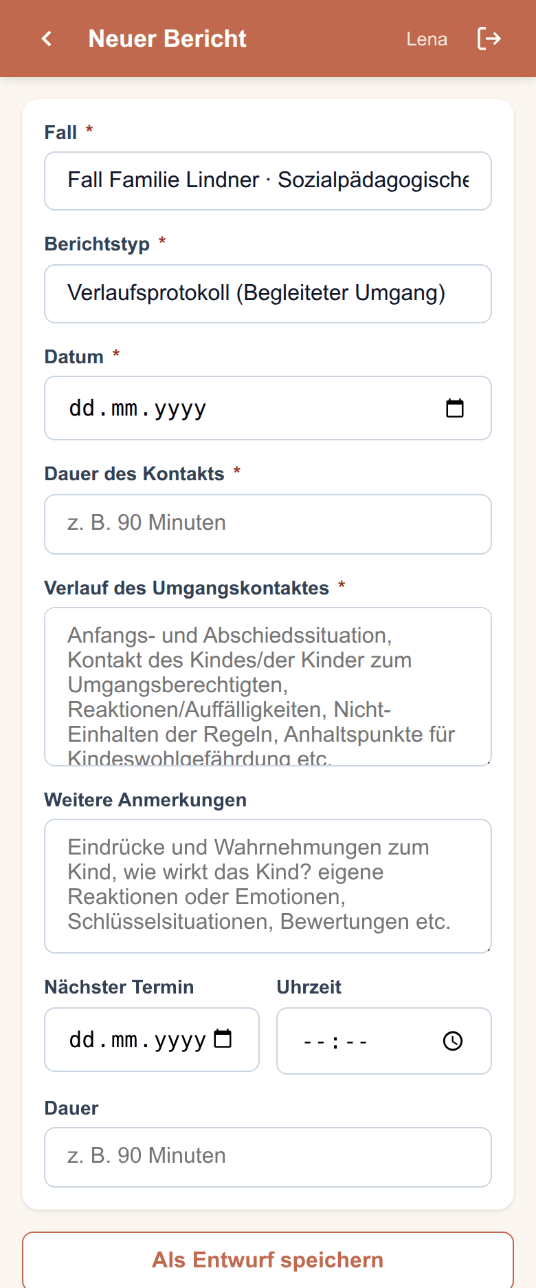Das Formular „Verlaufsprotokoll (Begleiteter Umgang)": Datum, Dauer des Kontakts, Verlauf, weitere Anmerkungen und der nächste Termin.
