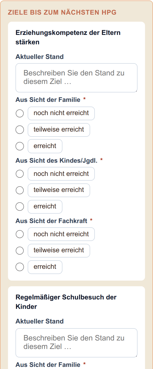 Die Ziele-Matrix: zu jedem Ziel ein Feld „Aktueller Stand" und je eine Bewertung aus Sicht der Familie, des Kindes/Jugendlichen und der Fachkraft.