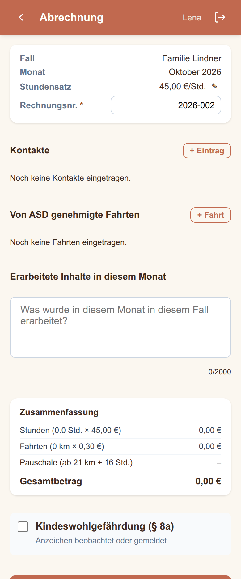 Die neue, noch leere Abrechnung mit den Bereichen „Kontakte" und „Von ASD genehmigte Fahrten". Rechts neben den Überschriften die Knöpfe „+ Eintrag" und „+ Fahrt".