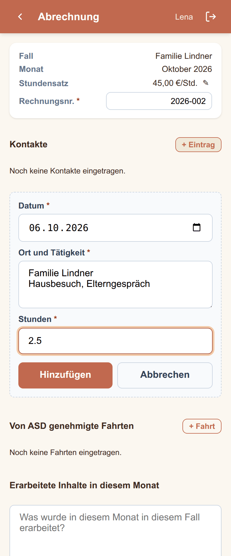 Das Formular für einen Eintrag: Datum, Ort und Tätigkeit, Stunden und die Schaltflächen „Hinzufügen" und „Abbrechen".